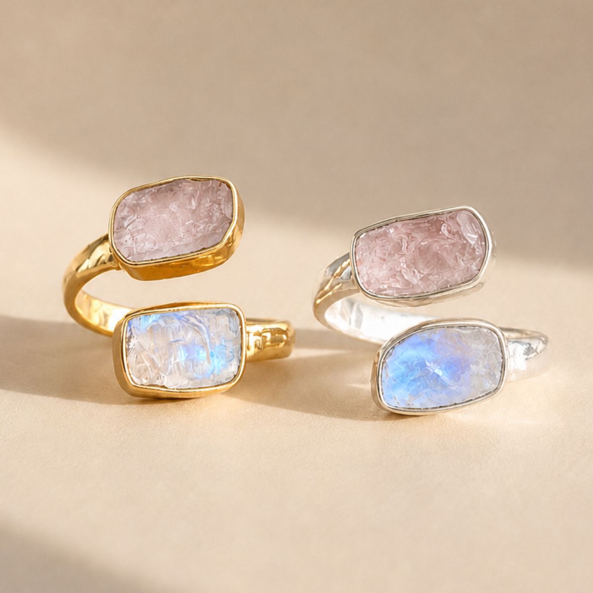 VENUS ENERGY RING  Regenbogen Mondstein und Rosenquarz