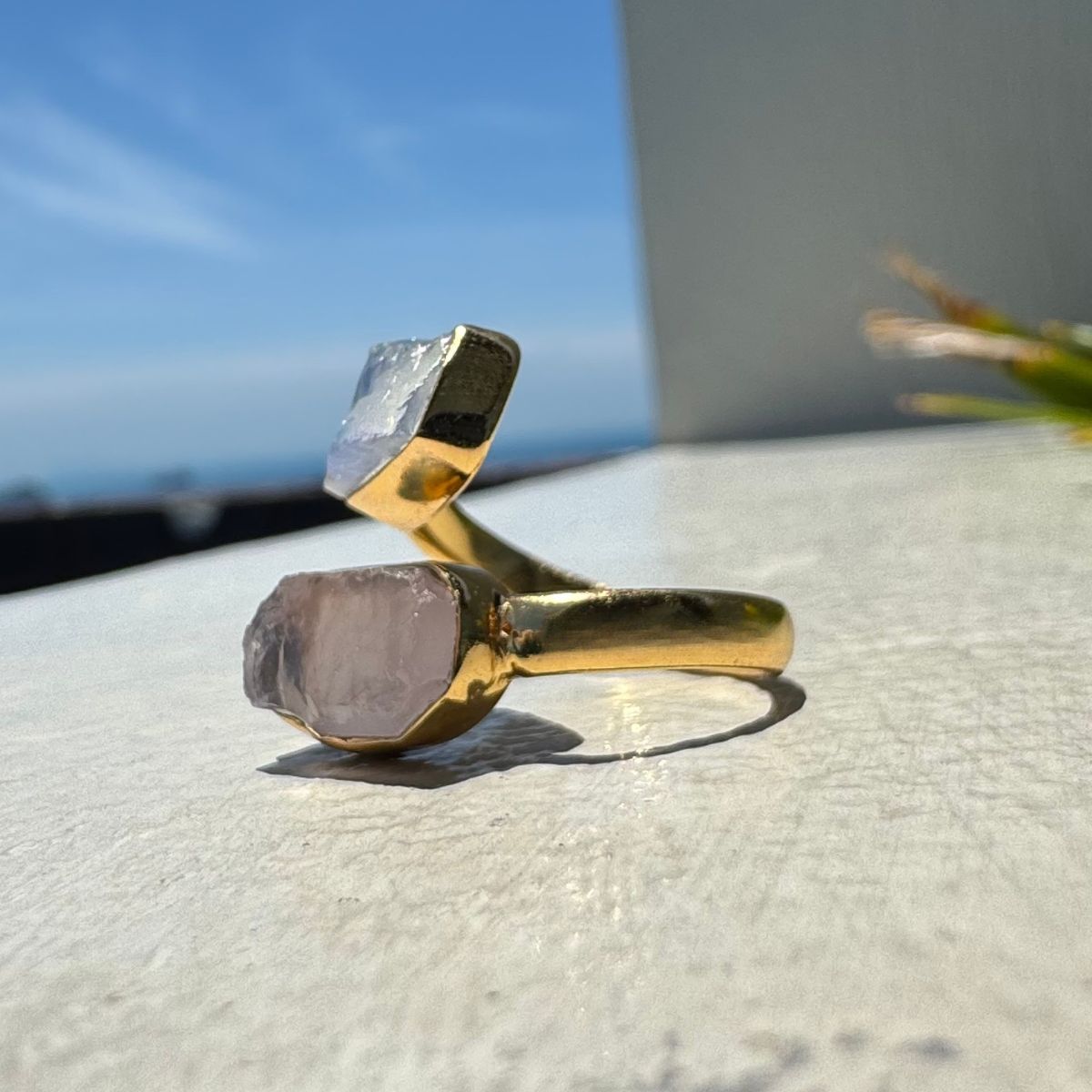 VENUS ENERGY RING  Regenbogen Mondstein und Rosenquarz